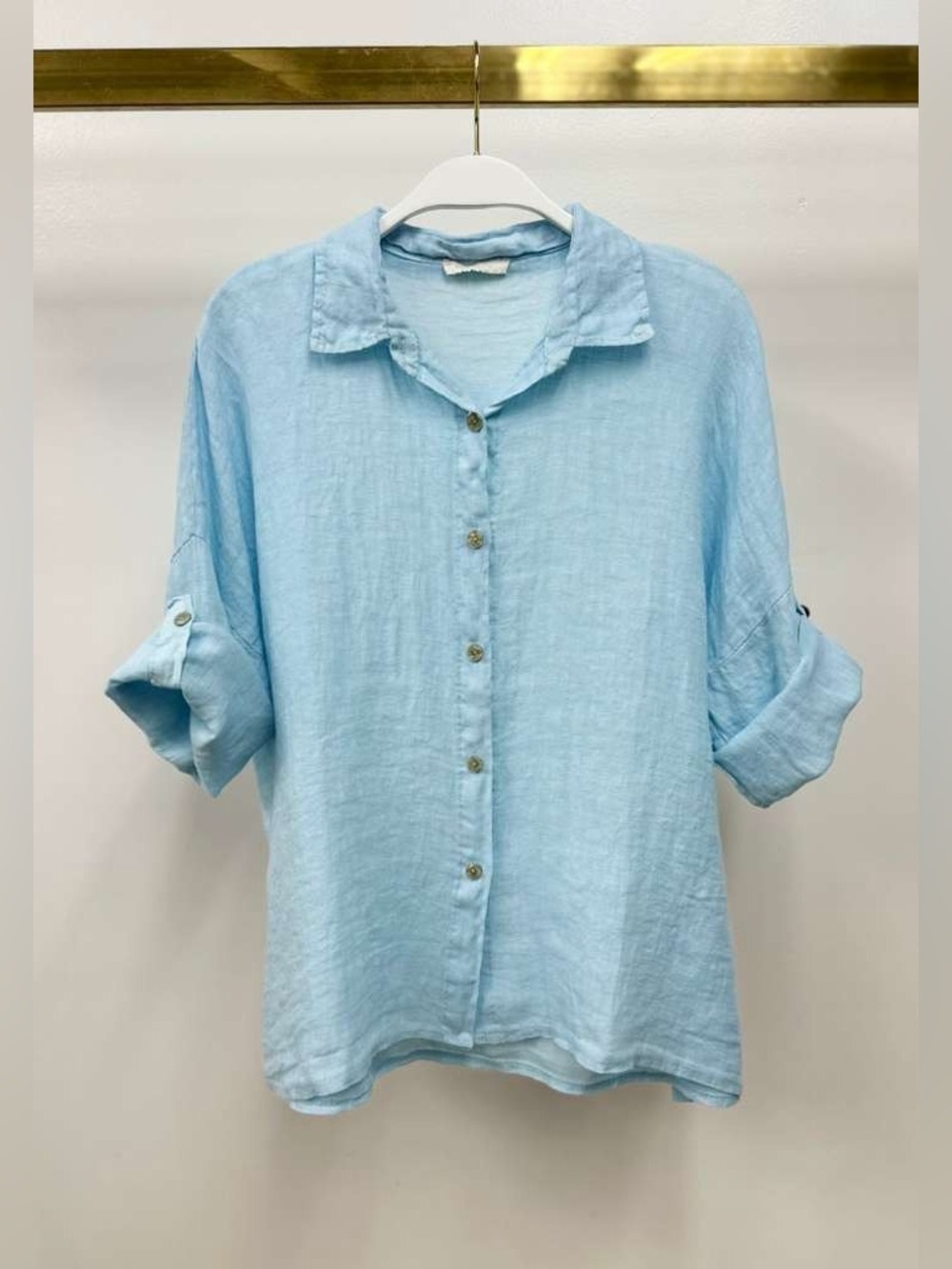(113009-AQUA) BUTTON DOWN ROLL TAB SLEEVE LINEN TOP